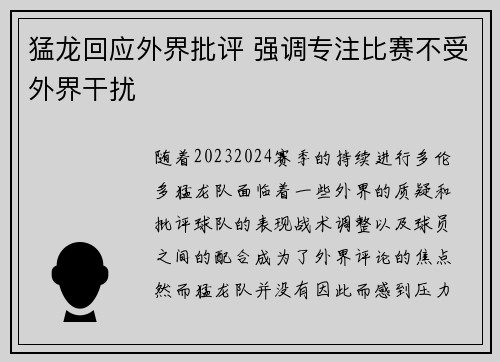 猛龙回应外界批评 强调专注比赛不受外界干扰